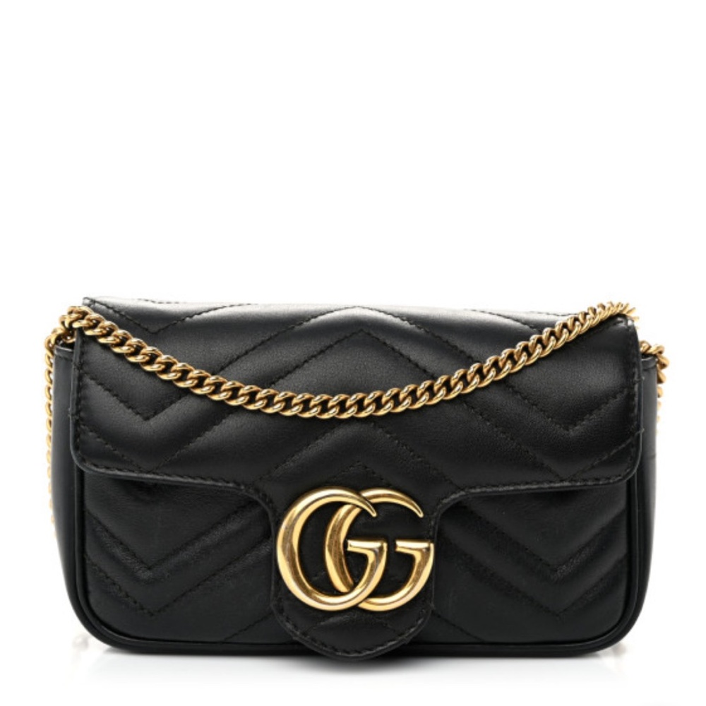 GUCCI GG Marmont Matelasse Super Mini Calfskin Gold Chain Bag Black